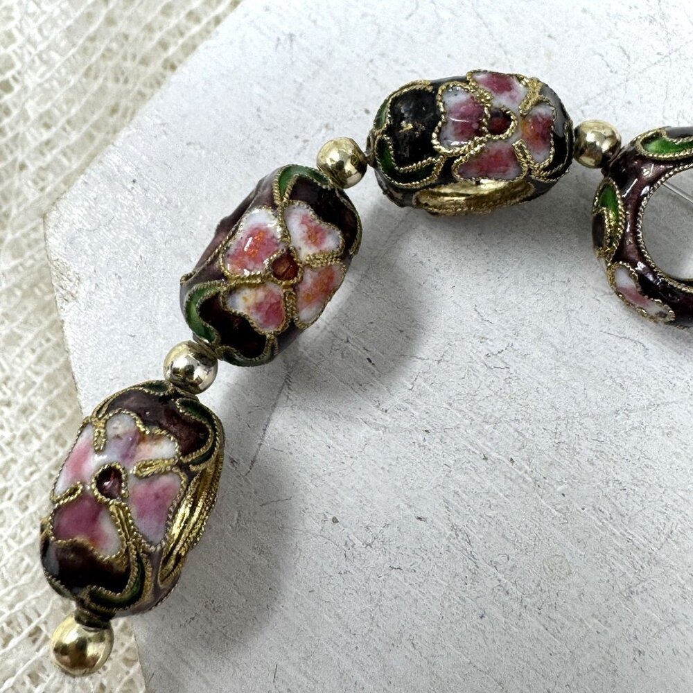Vintage Cloisonné Enamel Floral Beads Purple  & Pink Handcrafted Design 15mm
